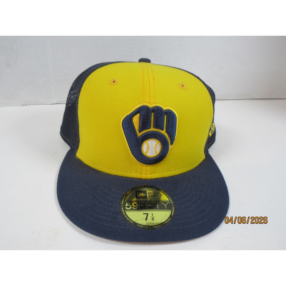 New Era 59FIFTY Milwaukee Brewers Fitted Hat 7 1/8 Yellow Navy Meshback Cap MLB
